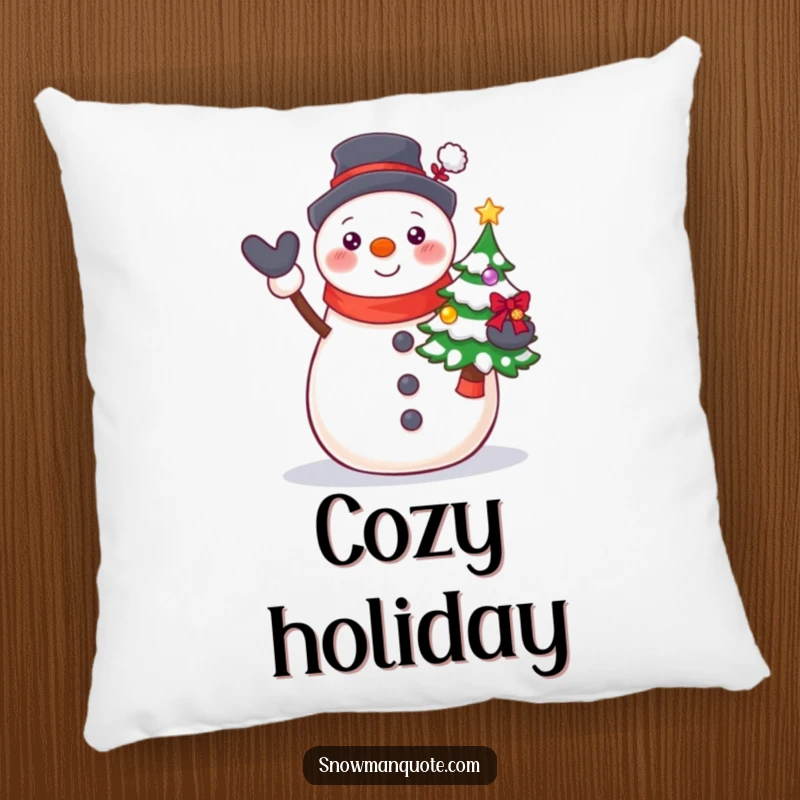 Funny Proud Snowman Tree Pillow featuring a beaming snowman proudly presenting a small, decorated Christmas tree.