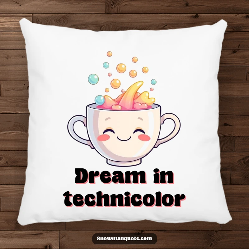 Funny pillow with a smiling teacup generously overflowing with vibrant, bubbly rainbow liquid, offering comfort and cheer.