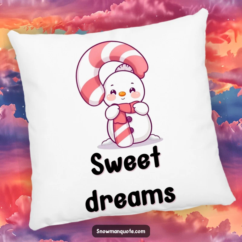 Funny Shy Snowman Candy Cane Pillow featuring a timid snowman peeking from behind a large, sparkling candy cane.