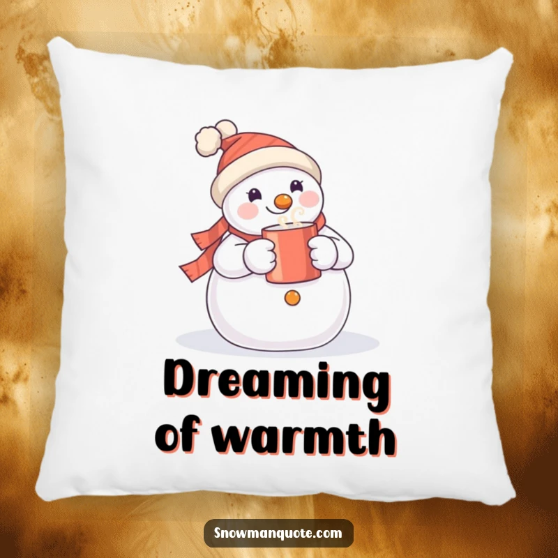 Funny snowman pillow showcasing a cheerful snowman with a warm mug, perfect for cozy and humorous home decor.