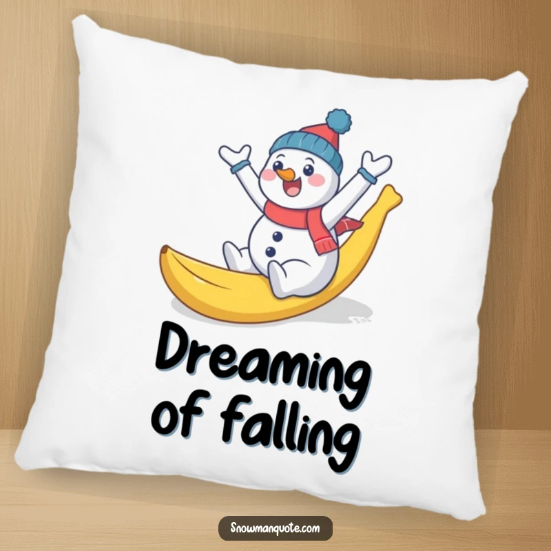 Funny snowman comically slipping on a banana peel, arms flailing, a soft and plush pillow for humorous comfort and winter cheer.