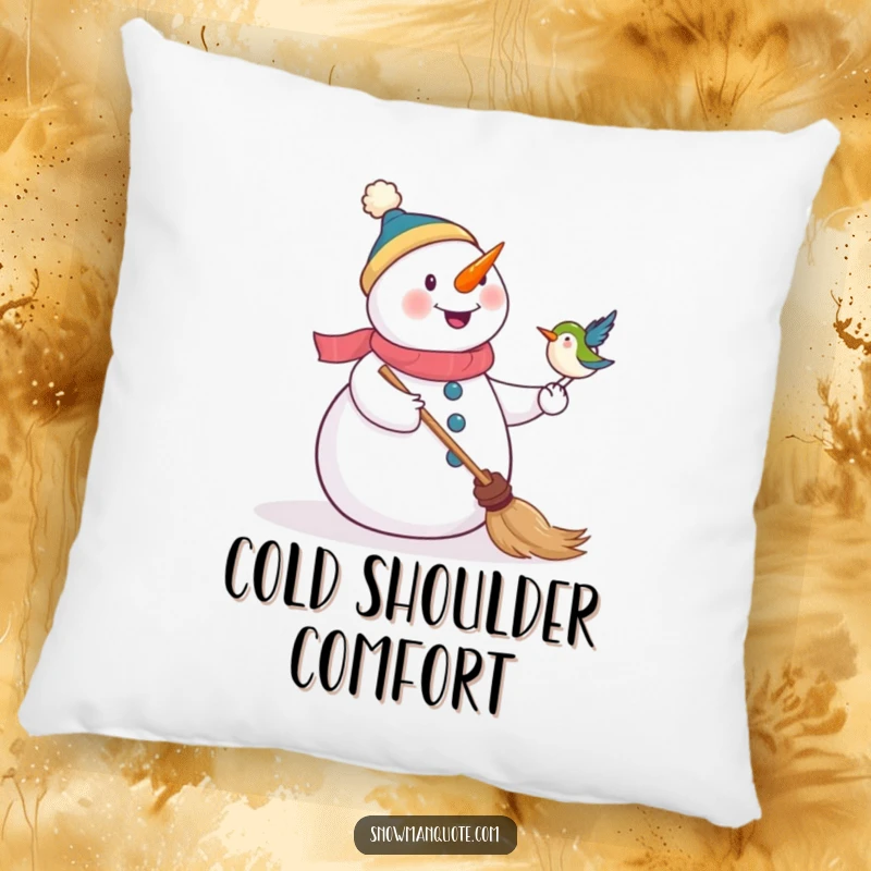 Funny pillow with a cheerful snowman and a bird on its broom, offering comfort and a touch of whimsical humor.
