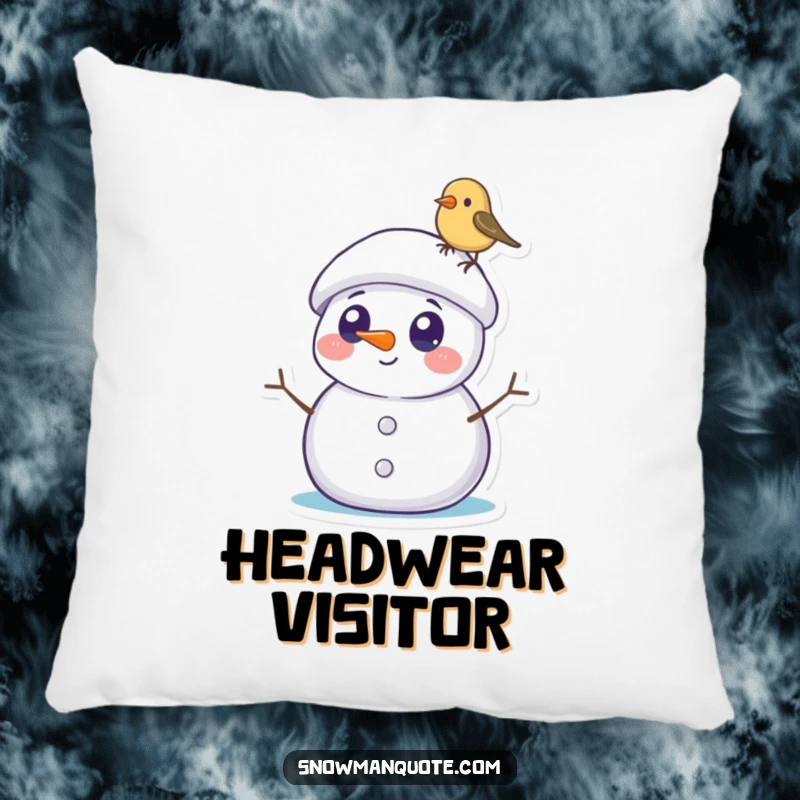 Funny Snowman Pillow: A surprised snowman with round eyes observes a tiny bird perched on its hat, offering cozy winter charm.