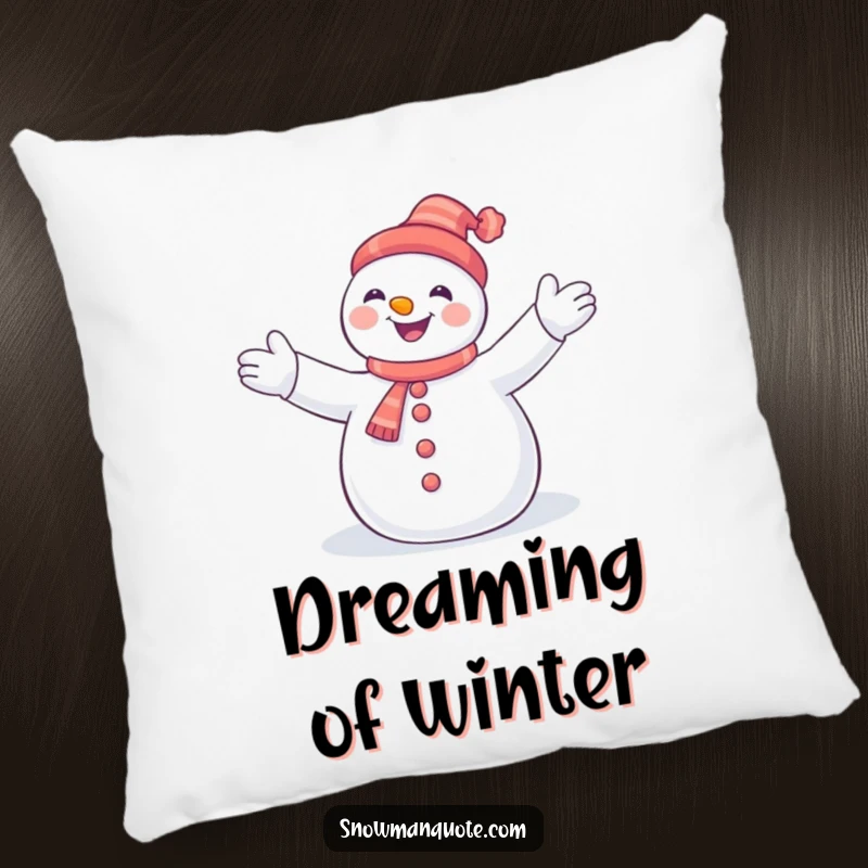 Funny snowman with arms outstretched in a joyful embrace of falling snowflakes, featured on a soft and decorative pillow.