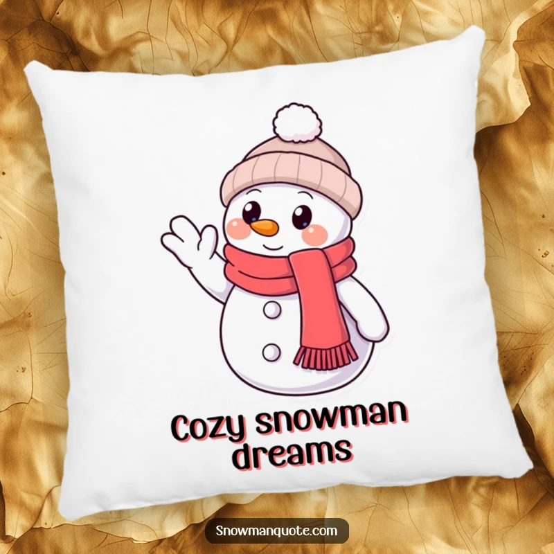 Funny Pillow: A happy snowman wearing a scarf waves hello, its button eye full of friendly warmth and charm.