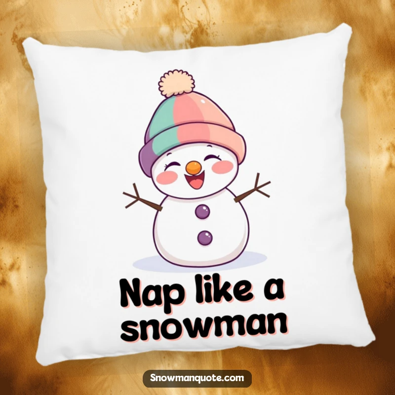 Funny snowman pillow featuring a delighted snowman with a wonky hat, its infectious giggle bringing cozy comfort.