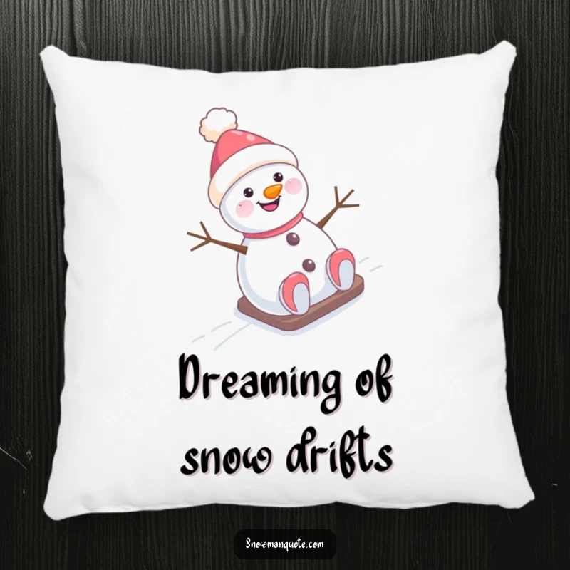Funny Pillow: A happy snowman with a hat slightly off-kilter is captured mid-slide down a snowy hill, radiating fun.