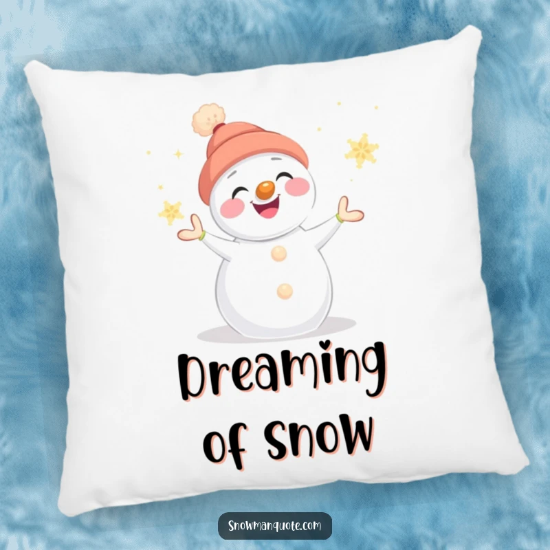 Funny snowman pillow showing a smiling snowman juggling glowing snowflakes, its carrot nose adding a whimsical touch, perfect for comfort.