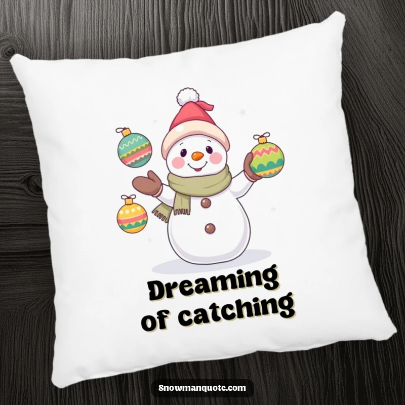 Funny snowman pillow featuring a hopeful snowman juggling colorful ornaments, perfect for adding festive comfort and a touch of humor.