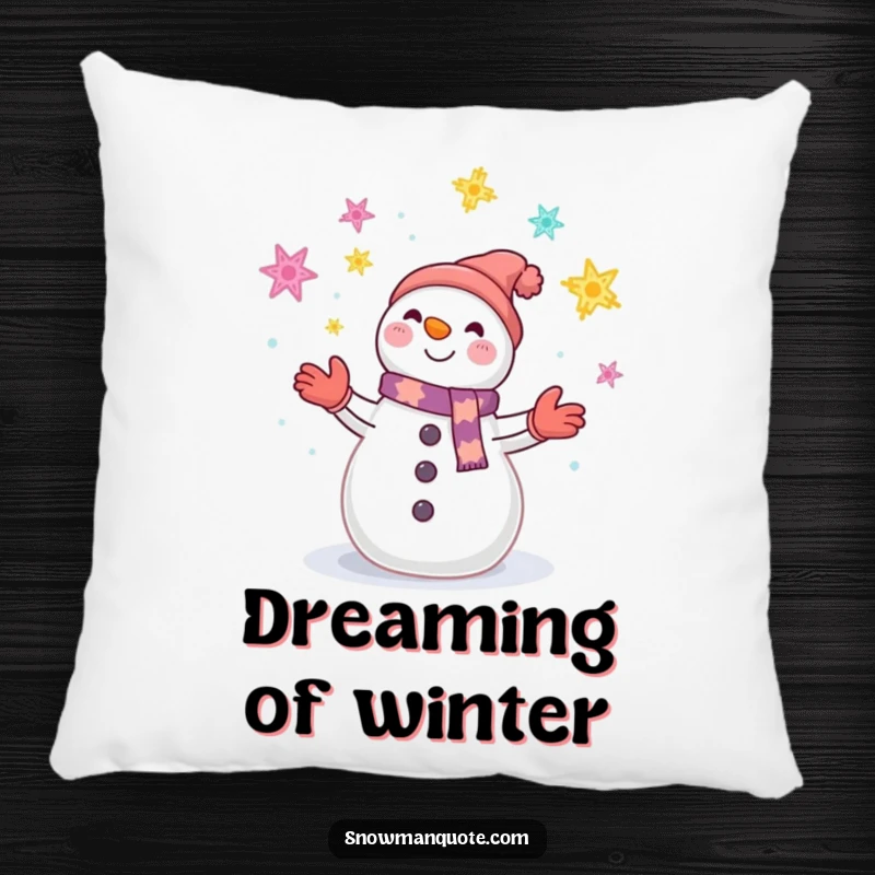 Funny decorative pillow featuring a smiling snowman juggling colorful snowflakes, adding wintery joy and whimsy.