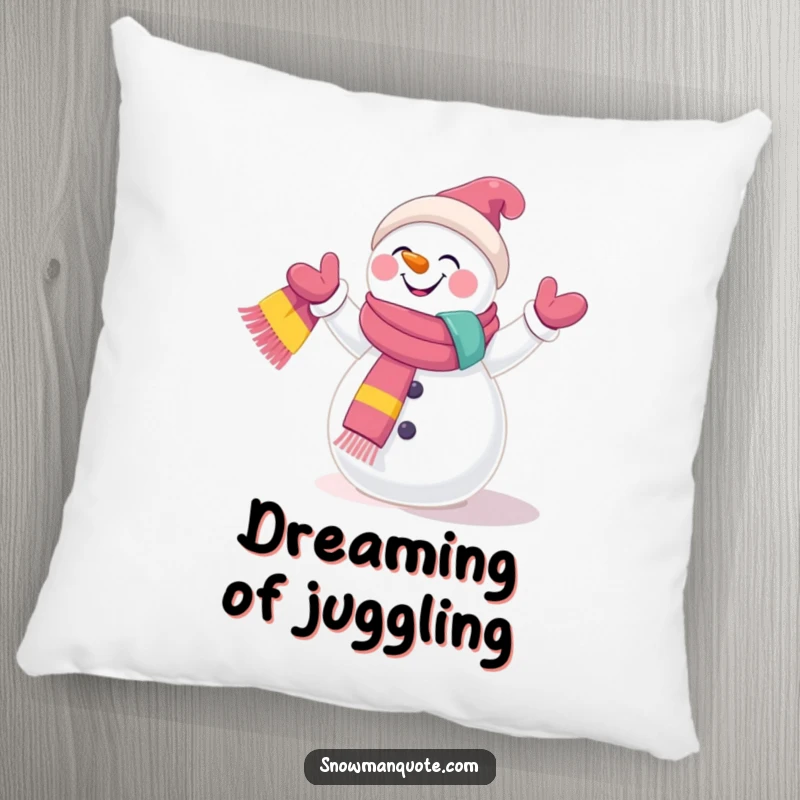Funny Pillow: A giggling snowman juggling bright scarves, offering comfort and a dose of whimsical winter humor. A delightful addition.