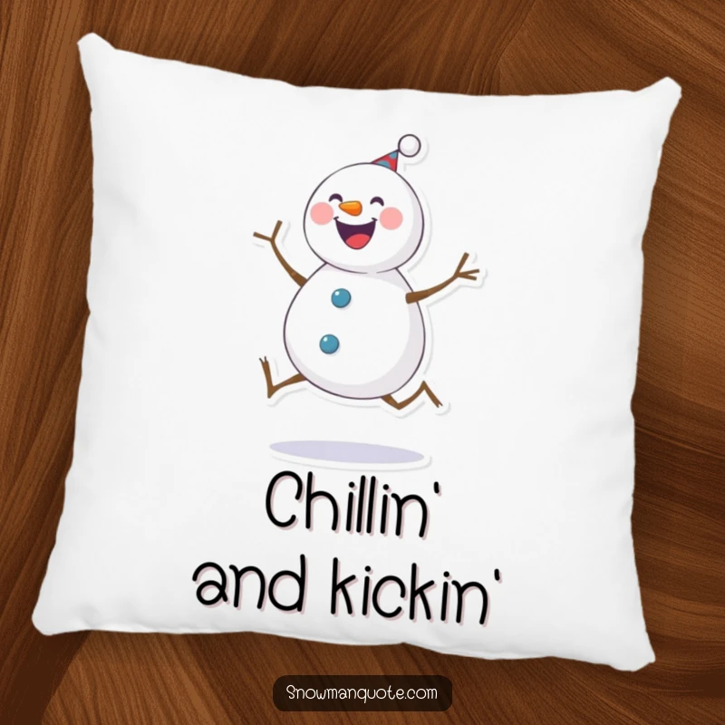 Funny Pillow: A cheerful snowman in a joyful kick pose, offering comfort and a dose of winter humor. Great for sofas.