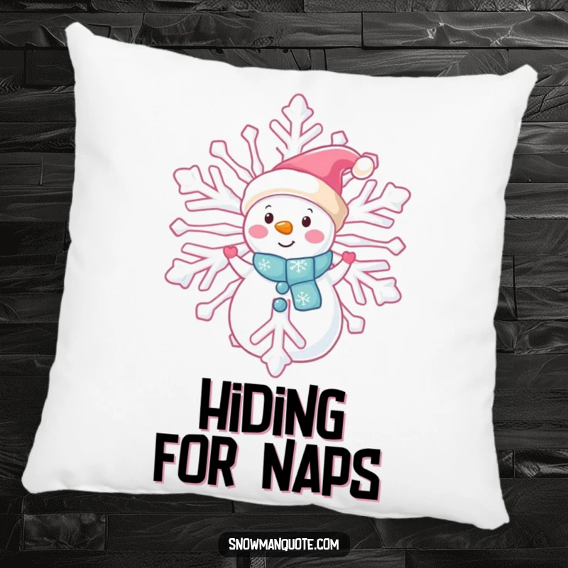 Funny snowman peeking pillow, shyly observing from behind a giant snowflake, offering winter comfort and mystery, great gift.