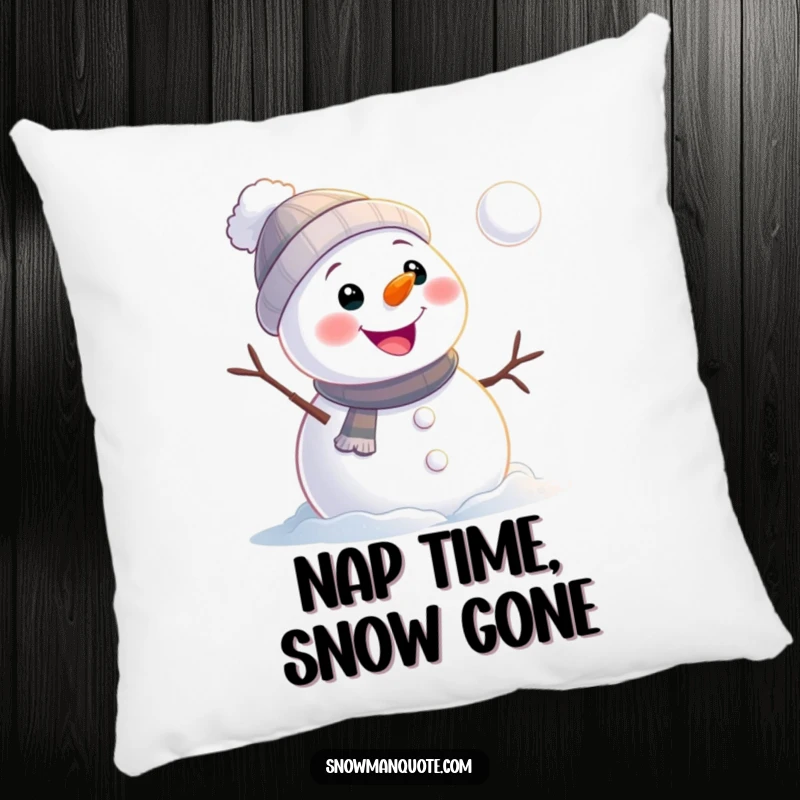 Funny snowman pillow featuring a cheerful snowman watching a snowball roll away, offering humorous decor and cozy comfort.