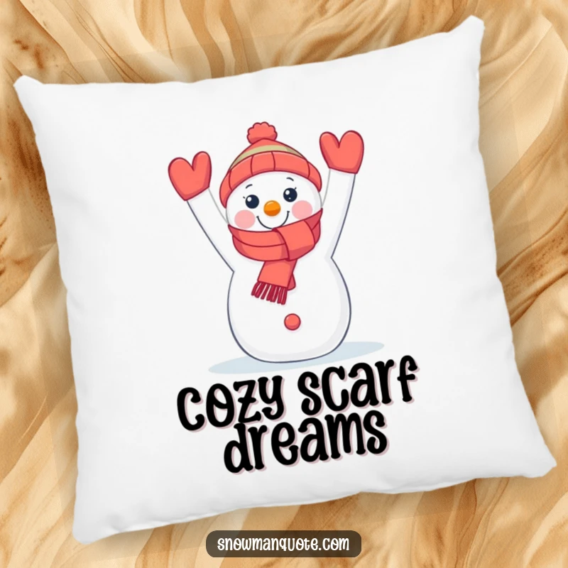Funny decorative pillow featuring a happy snowman holding a brightly colored scarf, bringing cozy cheer.