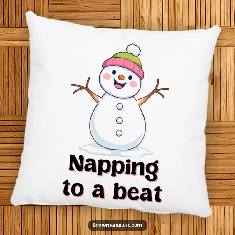 Funny pillow featuring a snowman doing an enthusiastic shimmy dance with its twig arms.