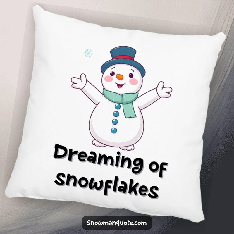 Funny, plush pillow of a snowman with outstretched arms embracing a falling snowflake, bringing cozy winter peace and softness.