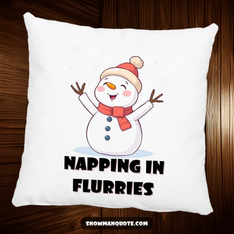 Funny Pillow: A happy snowman with outstretched twig arms waves joyfully at falling snowflakes, bringing cozy winter vibes.