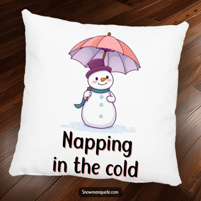 Funny pillow featuring a snowman comically trying to balance a large umbrella while being buffeted by the wind.