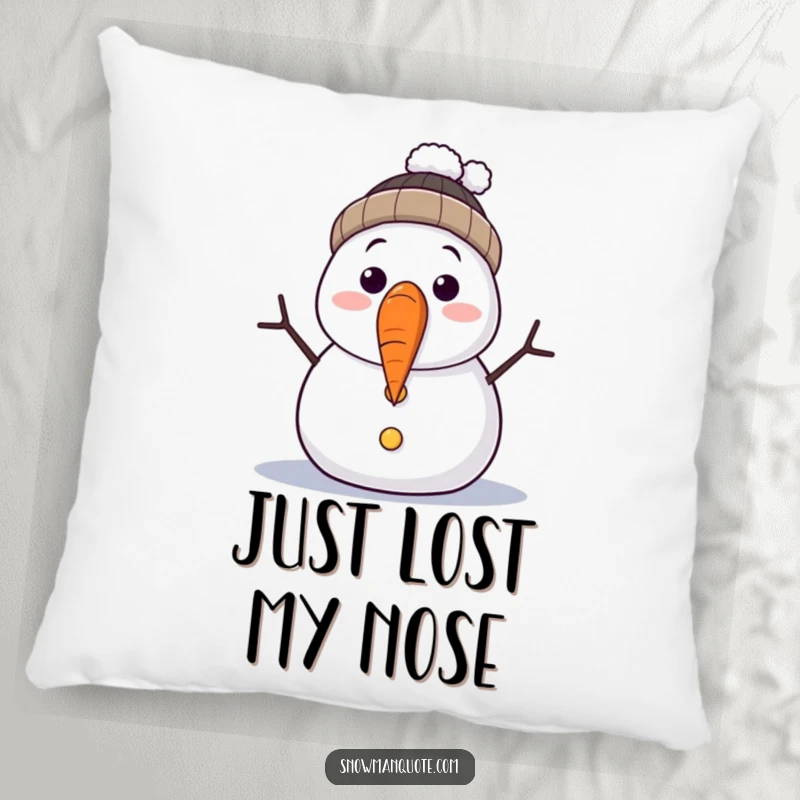 Funny pillow featuring a surprised snowman mid-blunder as its carrot nose falls off. Soft and humorous, perfect for adding a chuckle to any room.