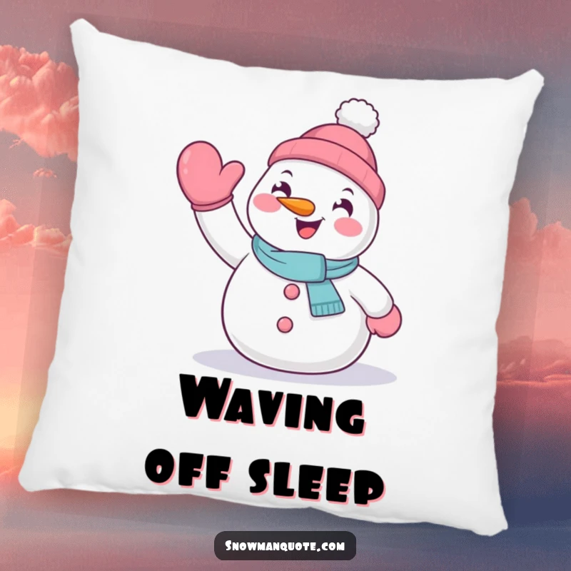 Funny decorative pillow featuring a happy snowman waving hello with its mitten, bringing cozy cheer.