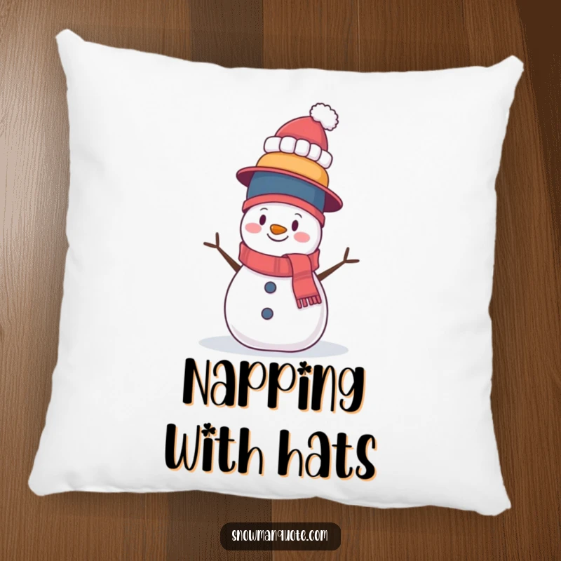 Funny pillow featuring a wobbly snowman precariously balancing a tall stack of hats. Soft, humorous, and perfect for adding a chuckle to any room.