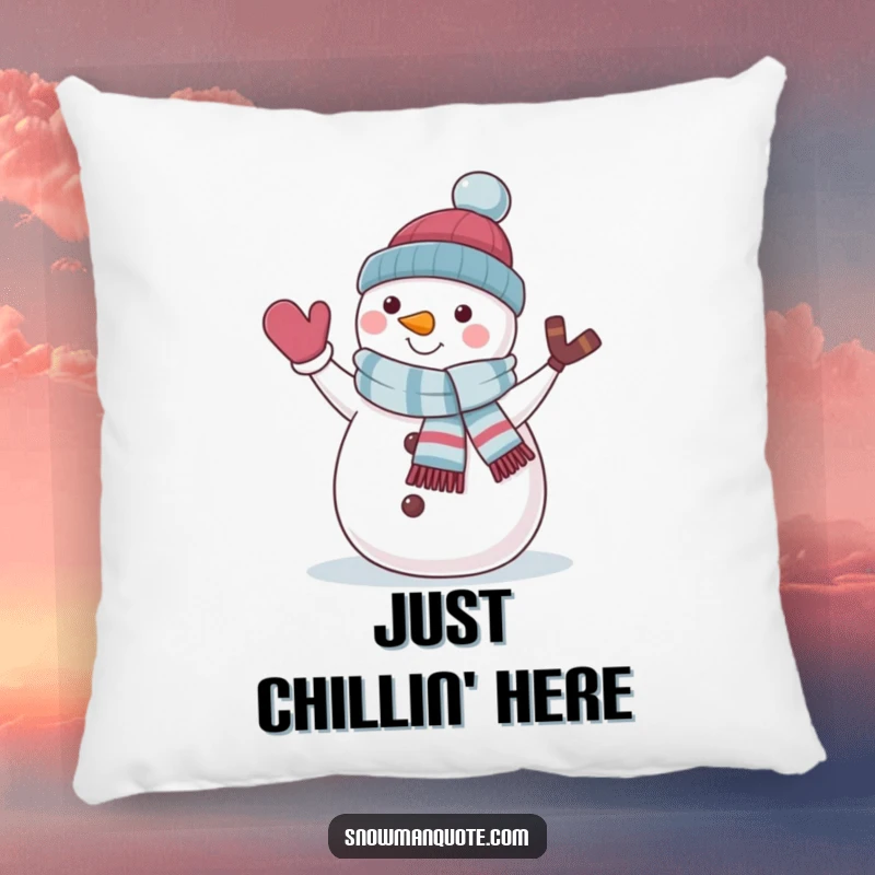 Funny snowman with a jaunty scarf waving, depicted on a soft pillow for comfort and cheerful home decor.