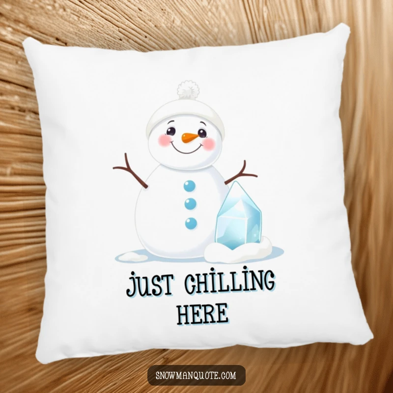 Funny snowman pillow with a happy face and a small ice sculpture, adding comfort and humor to any seating area.