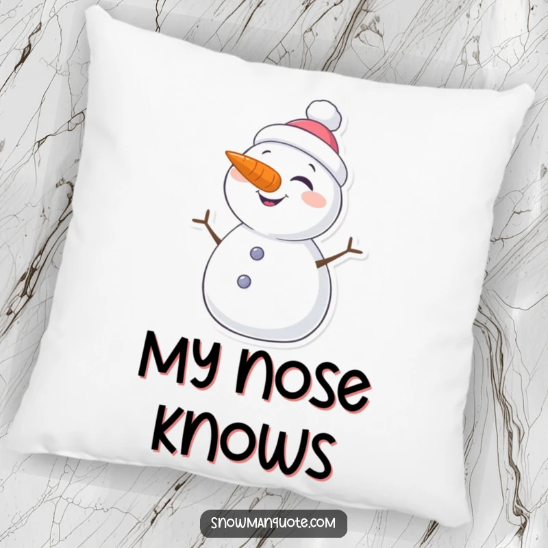Funny pillow featuring a soft, plush snowman with a carrot nose giving a delightful wink, perfect for cozying up.