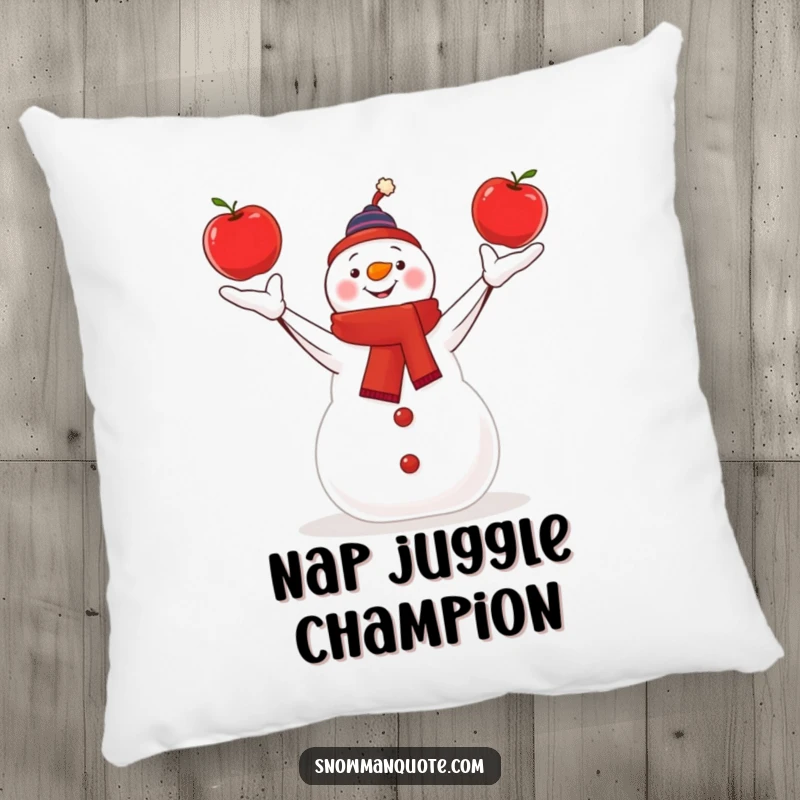 Funny snowman skillfully juggling three bright red apples, depicted on a soft and decorative pillow.