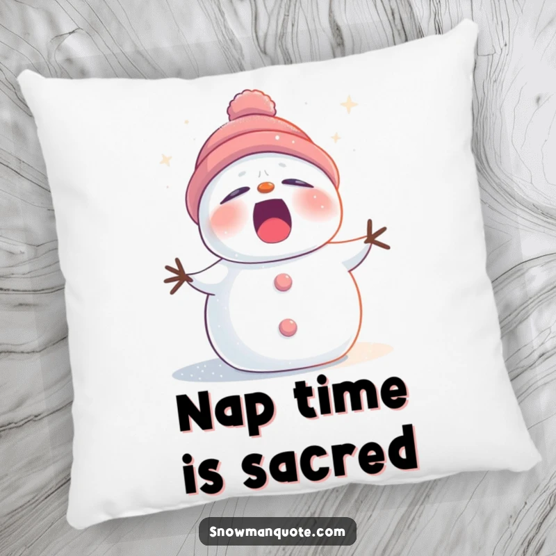 Funny sleepy snowman pillow dusted with twinkling stardust, yawning peacefully, offering soft comfort and humorous winter charm.