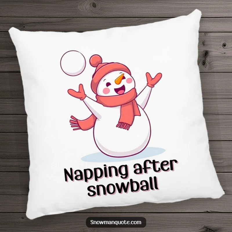Funny Snowman Pillow: A delighted snowman wearing a jaunty scarf catches a flying snowball, bringing cozy winter action to your decor.