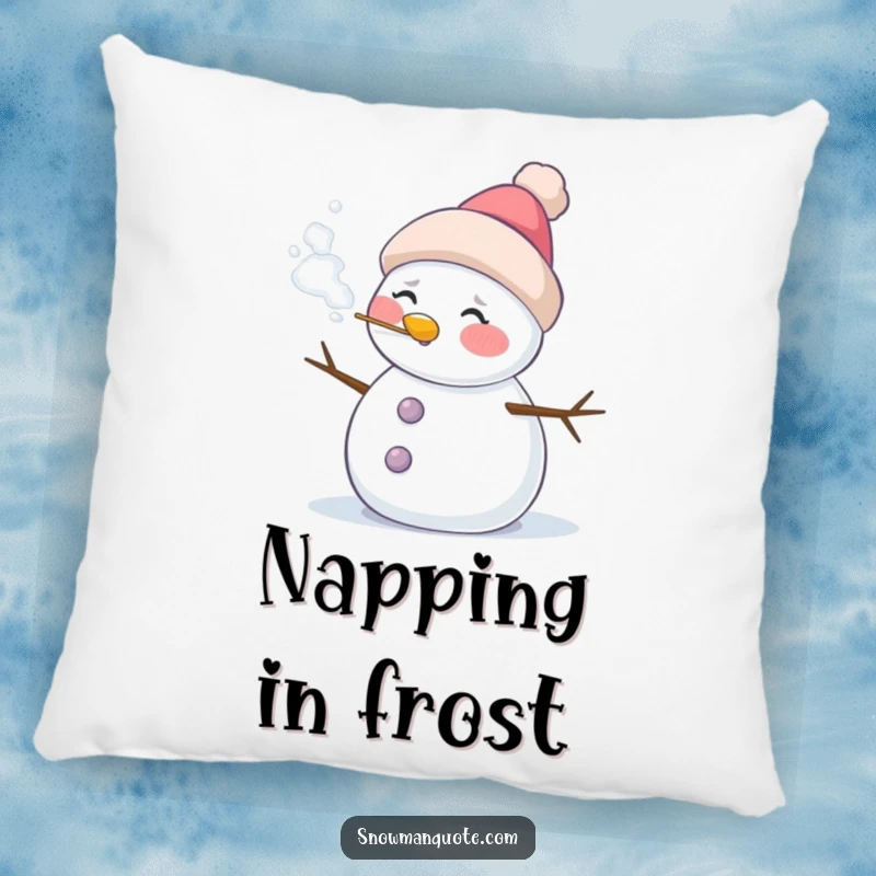 Funny pillow featuring a cheerful snowman with rosy cheeks, blowing a cloud of frosty air, adding charm to any sofa.
