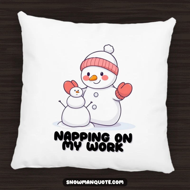 Funny snowman pillow featuring a snowman wearing mittens, trying to build a smaller snowman, offering humorous decor and cozy comfort.