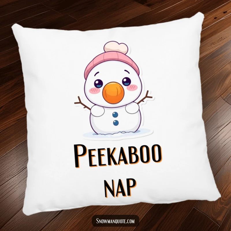Funny decorative pillow featuring a shy snowman peeking from behind a large carrot nose, adding wintery charm and cuteness.