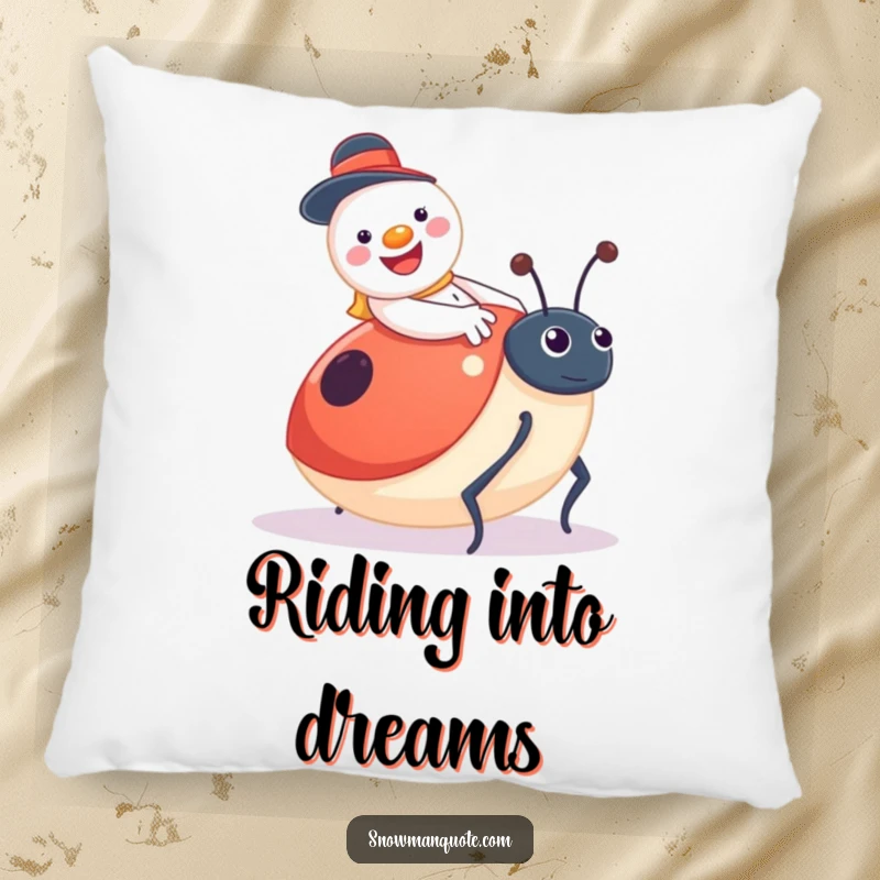 Funny snowman pillow, a jolly character riding a surprised ladybug, providing cute and humorous comfort.