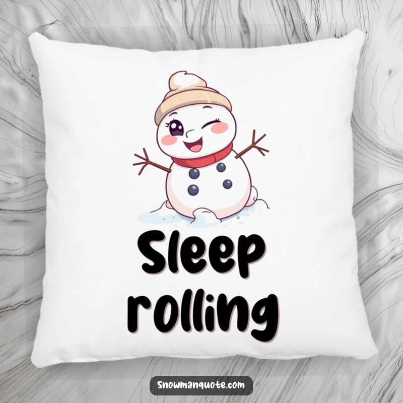 Funny Pillow: A winking snowman rolling downhill, offering comfort and a dose of playful winter mischief. Cozy and adventurous.