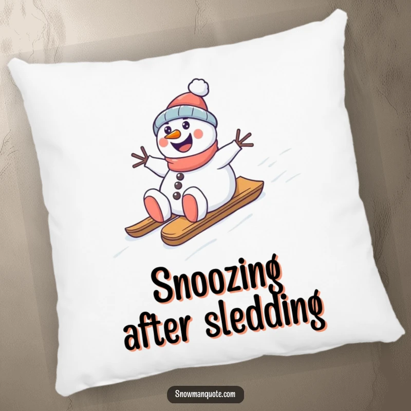 Funny snowman sledding pillow, happily sliding down a snowy hill, offering winter comfort and humor, great gift.