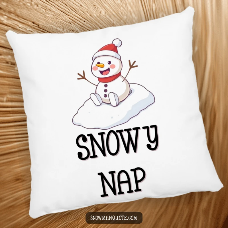 Funny Playful Snowman Hill Pillow featuring a happy snowman sliding down a snowy hill with a joyful expression.