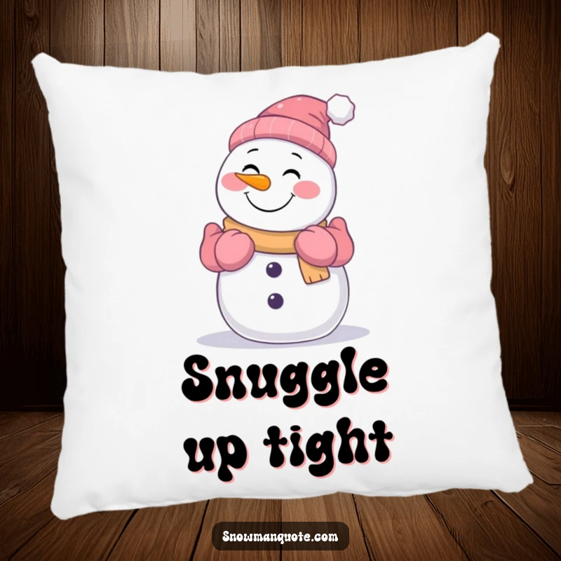 Funny smiling snowman with gloved arms extended for a warm hug, printed on a soft and decorative pillow.