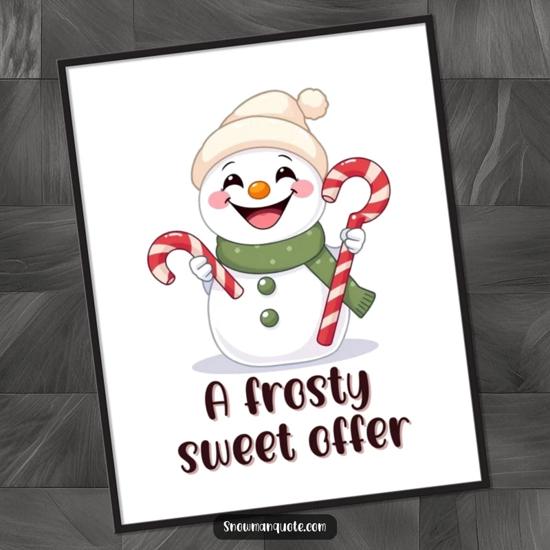 Funny digital art print of a snowman with a huge, goofy grin, holding out a red and white striped candy cane.