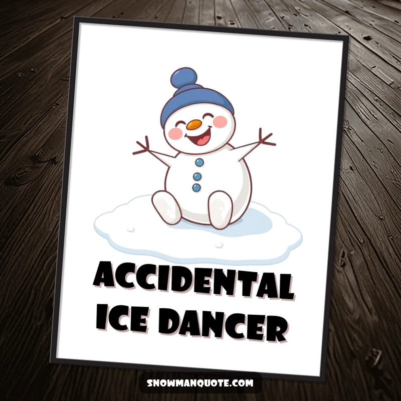 Funny digital art print of a snowman comically slipping on ice, perfect for humorous wall decor.