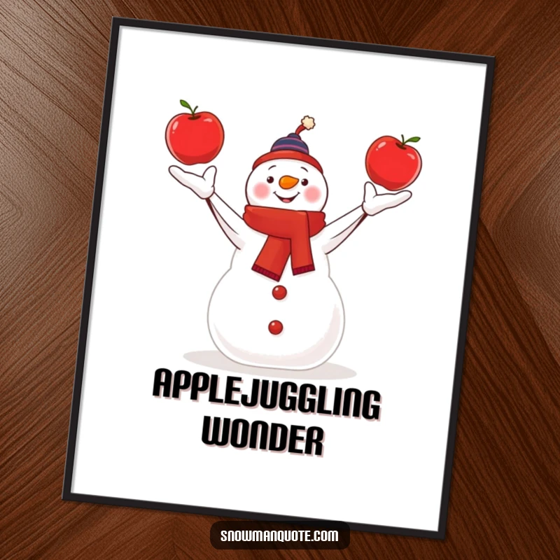 Funny snowman skillfully juggling three bright red apples, offered as a digital art print.
