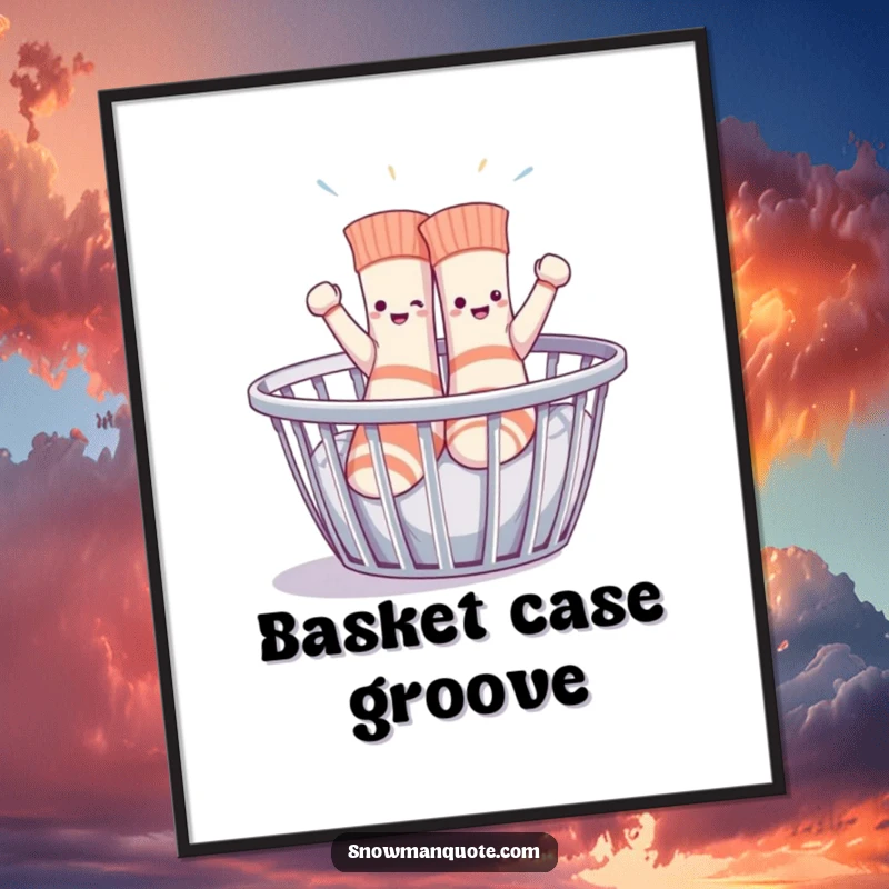 Funny sentient socks enthusiastically dancing in a laundry basket, a digital art print capturing whimsical fun and laundry day spirit.