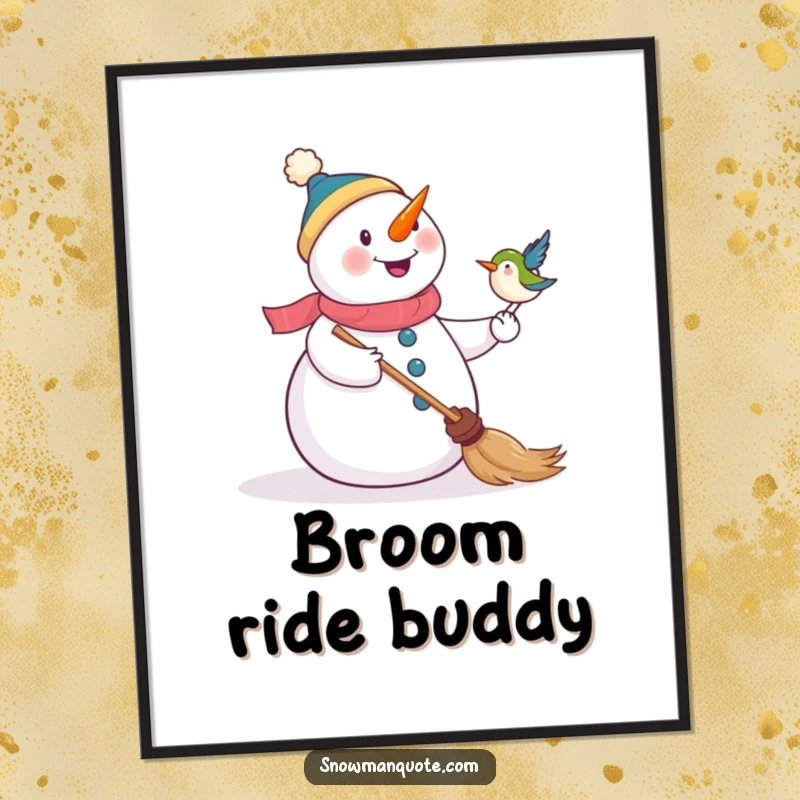 Funny digital art print of a joyous snowman as a bird alights on its broom, capturing a humorous winter moment.