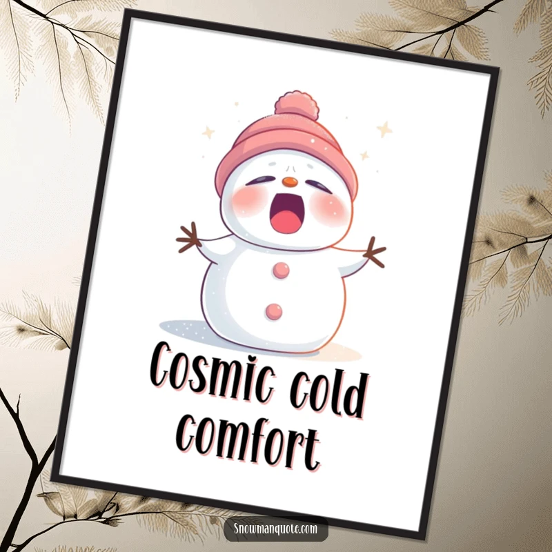 Funny sleepy snowman digital art print dusted with twinkling stardust, yawning peacefully, bringing whimsical and humorous winter vibes to any digital display.