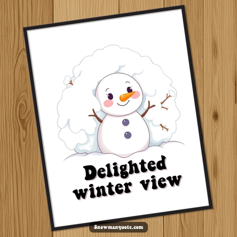 Funny snowman joyfully peeking from behind a snowy bush, offered as a digital art print.