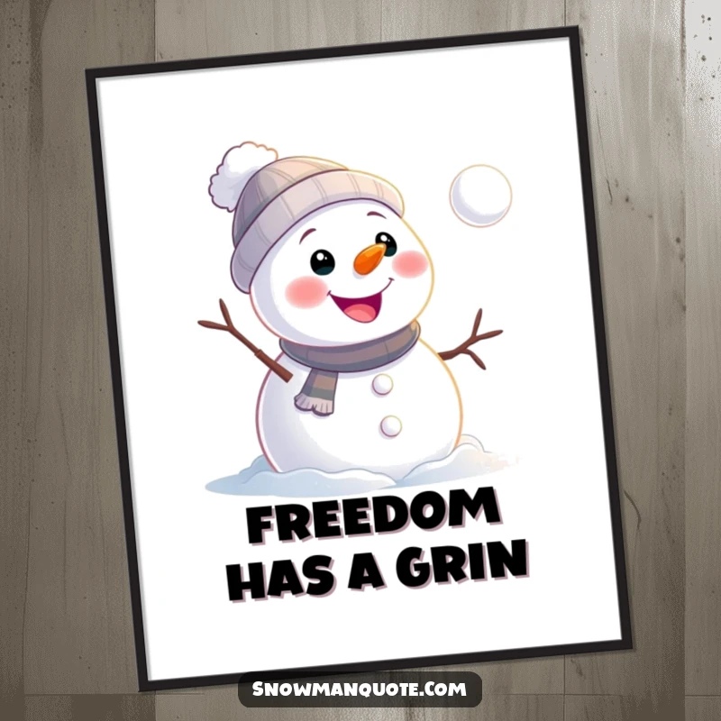 Funny snowman digital art print of a cheerful snowman watching a snowball roll away, offering instant winter humor and charm.