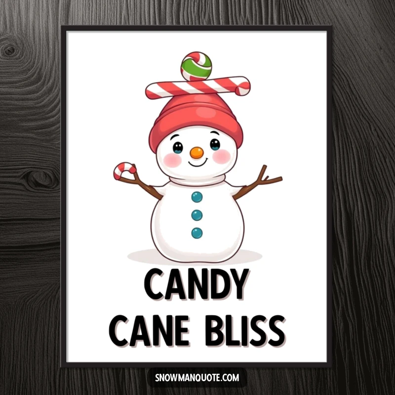 Funny digital art print of a snowman balancing three colorful candy canes on its head, bringing festive whimsy to any display.