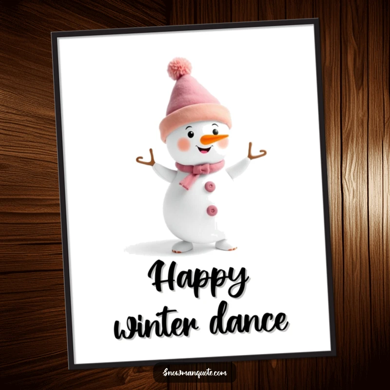 Funny, printable digital art of a snowman in a funny hat doing a lively dance, perfect for instant festive decor.